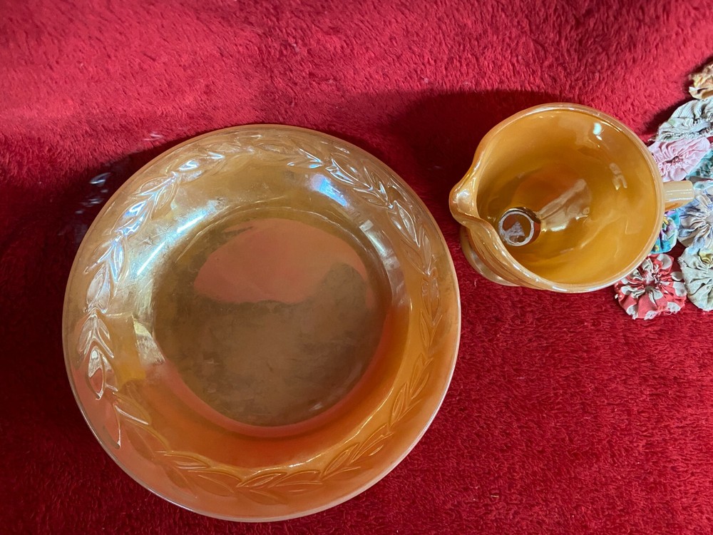 Vintage Fire King Peach Lusterware Glass Creamer & Bowl Laurel Leaf Pattern