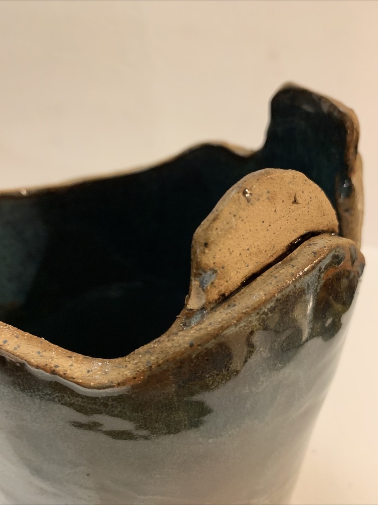 RARE Amanda Pottery Studio Stoneware Glazed Blue Cookie Jar Unique Shape Signed