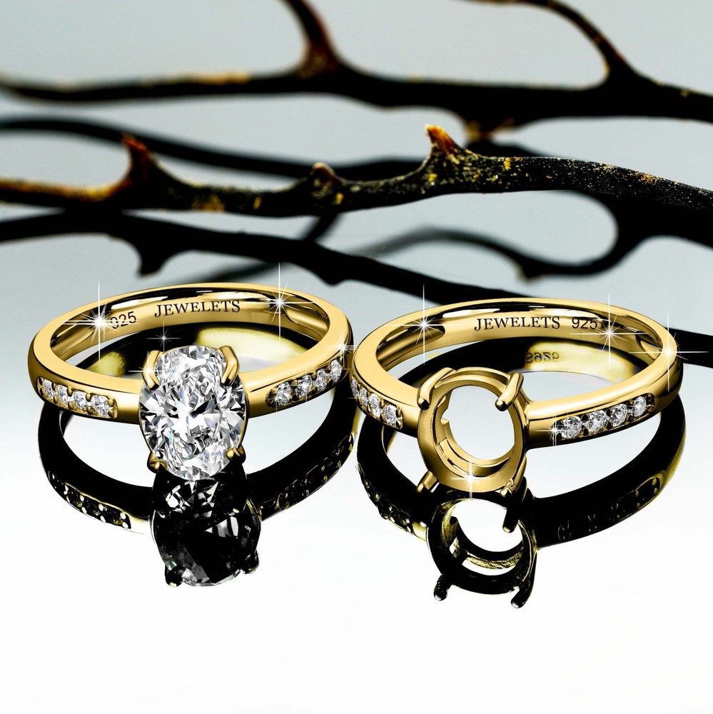 Silver Ring Blank – 6×8 mm Prong Setting | Gold Plated Semi Mount with 8 CZ Side