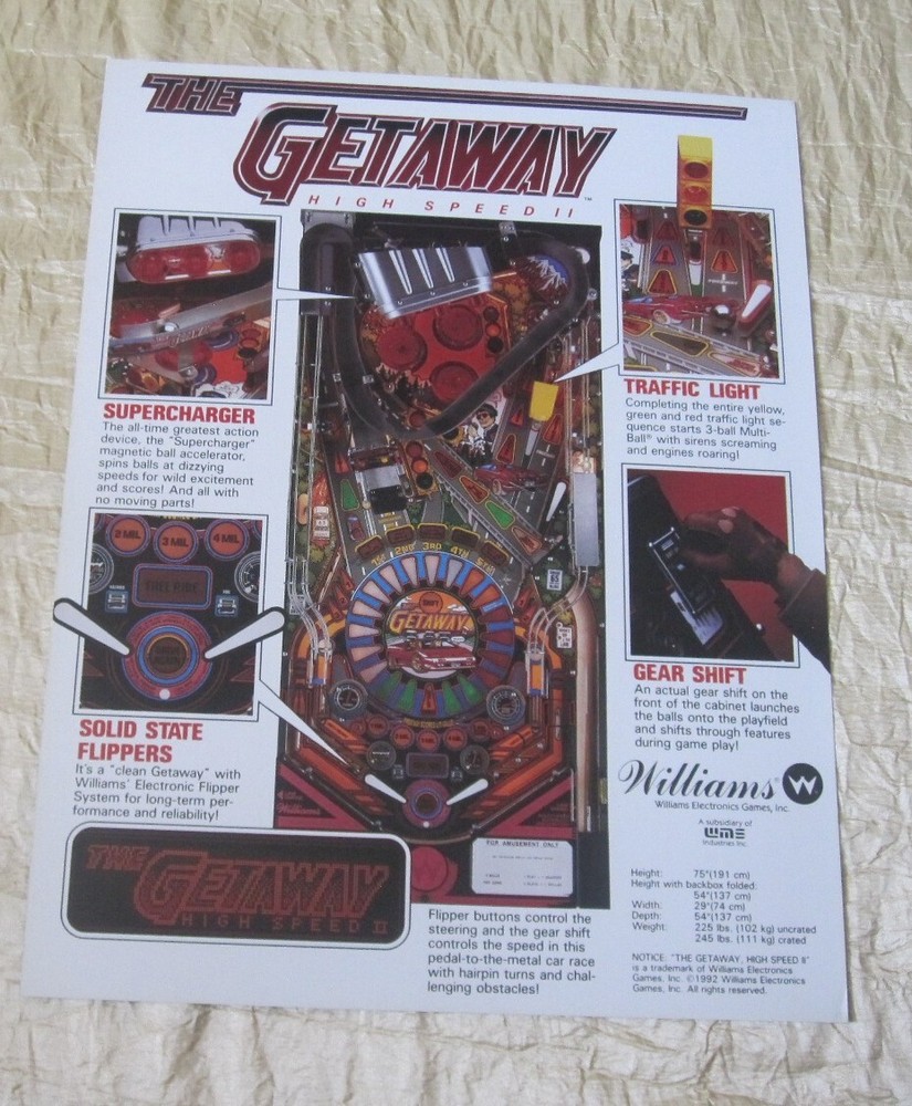 1992 WILLIAMS THE GETAWAY PINBALL FLYER