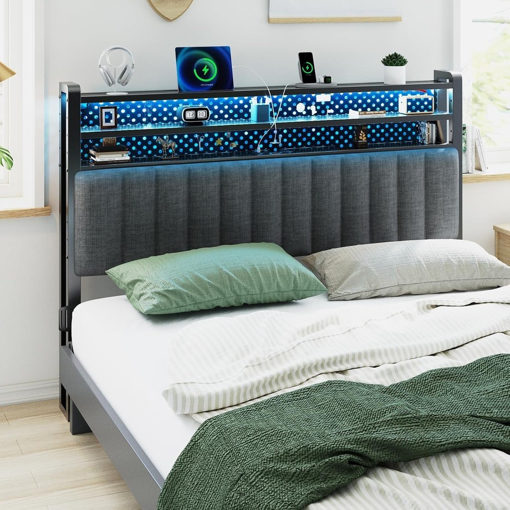 Queen Size Upholstered Headboard with Storage LED Charging Station Dark Grey