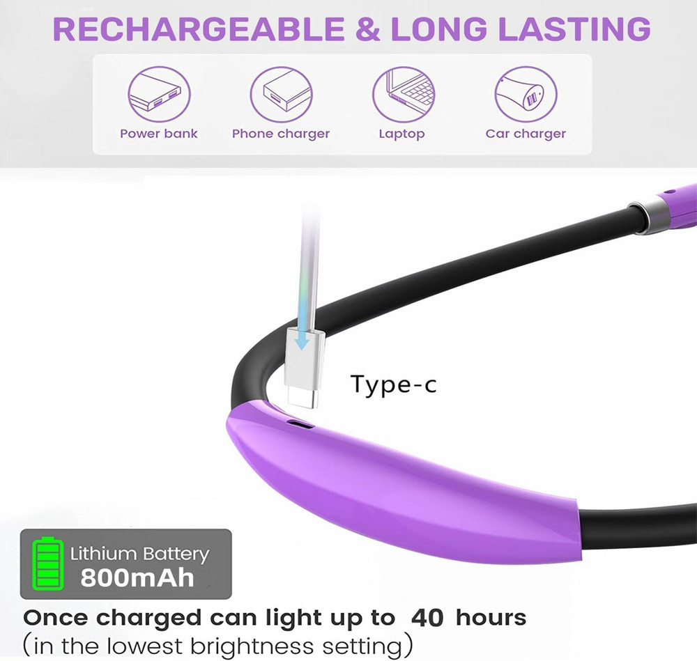 Rechargeable LED Neck Reading Light with Adjustable Brightness - Purple
