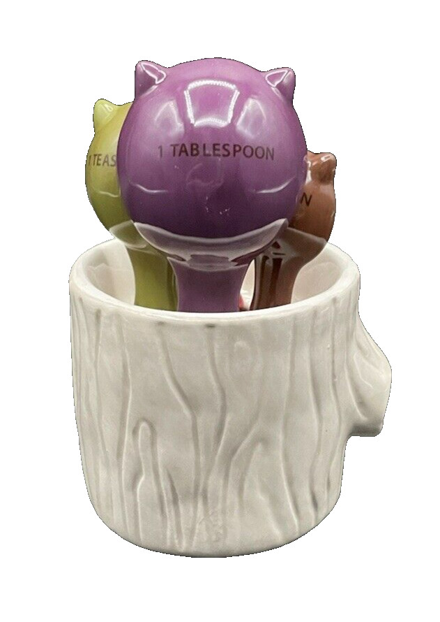 Multicolor Ceramic Owl Measuring Spoons in White Ceramic Tree Stump