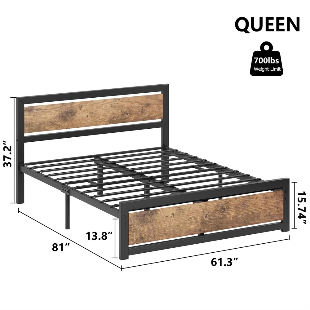 💯Queen/King Bed Platform Metal Bedframe No Box Spring Needed Bed Frame Headboar