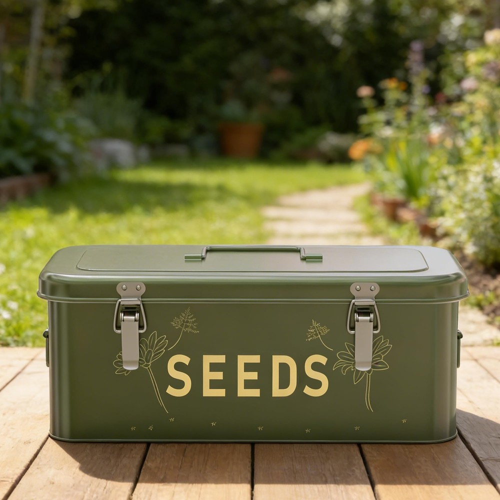 Metal Seed Storage Organizer 30 Bottles 4 Compartment Locking Box