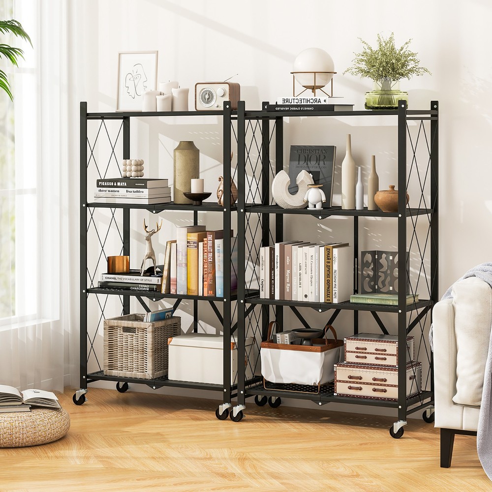 4-tier Foldable Storage Shelving Unit w/4 Universal Wheels for Kitchen Study