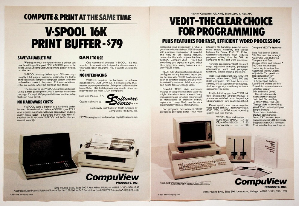 1983 CompuView V-SPOOL VEDIT Vintage Computer Hardware Technology 2-Page Ad