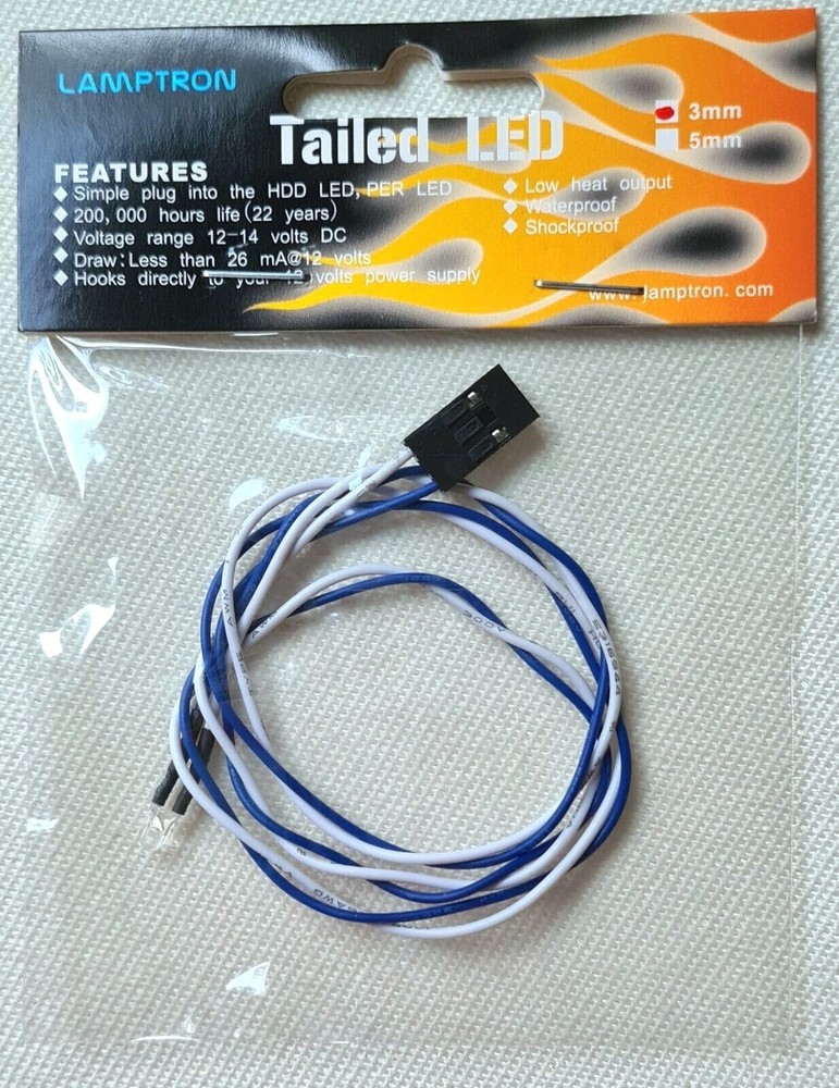 Computer Case Panel 3mm Blue LED Light 12VDC 16" Wires Universal Fit Tailed LED