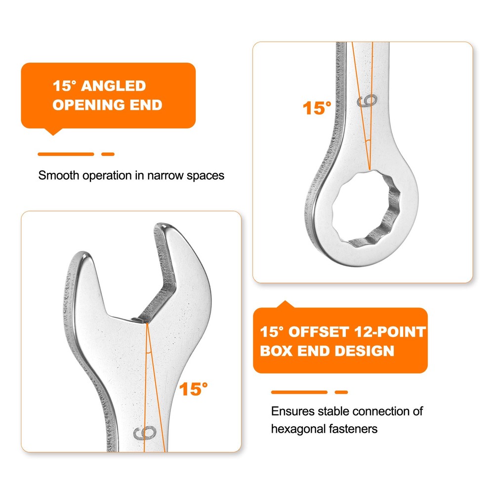 2pcs Thin Combination Wrench 7/16" with 6-Point Ended & 15° Angled Open End