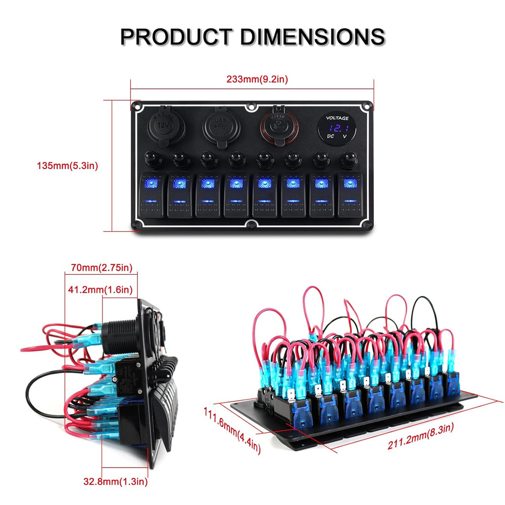 Marine Switch Panel Waterproof,8 Gang Boat Rocker Switch Panel,Multi-Function To