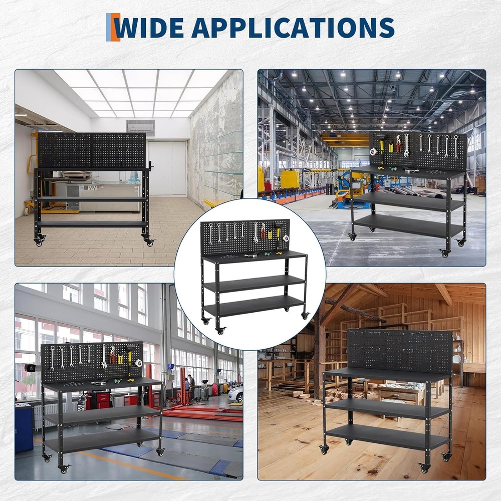 Metal Tool Work Table Adjustable Heavy Duty Bench Pegboard Garage Workstation