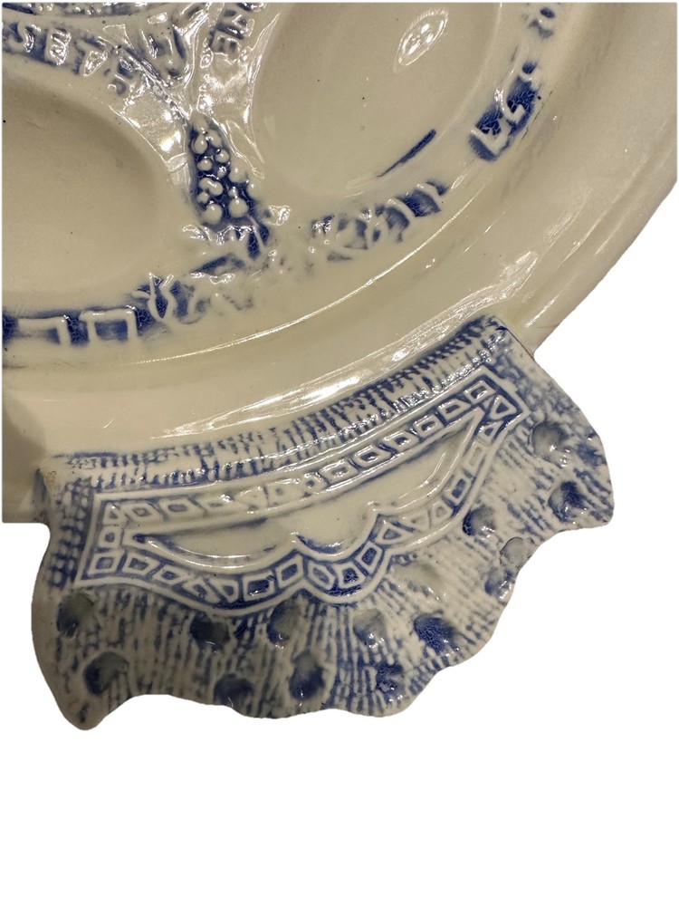 Passover Seder Plate. Blue & Cream. Handles. 6 Sections