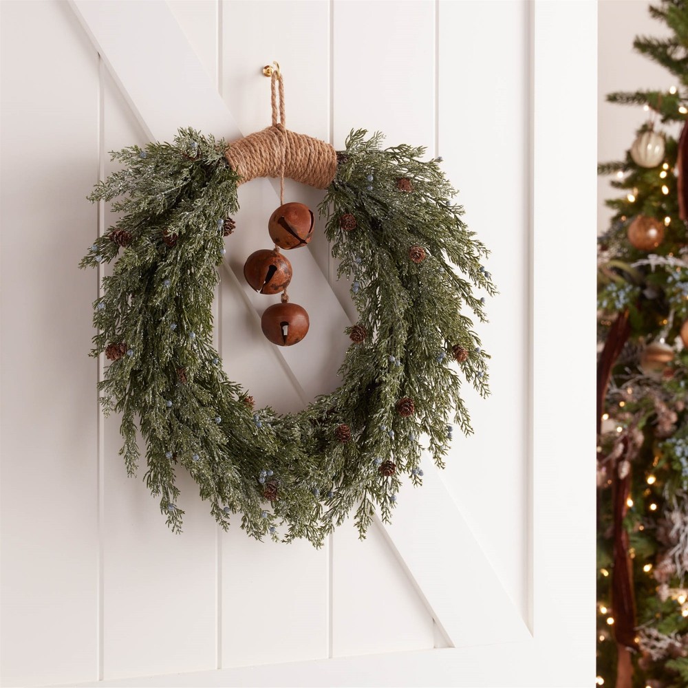 Glittered Pine with Sleigh Bell Wreath 22"D