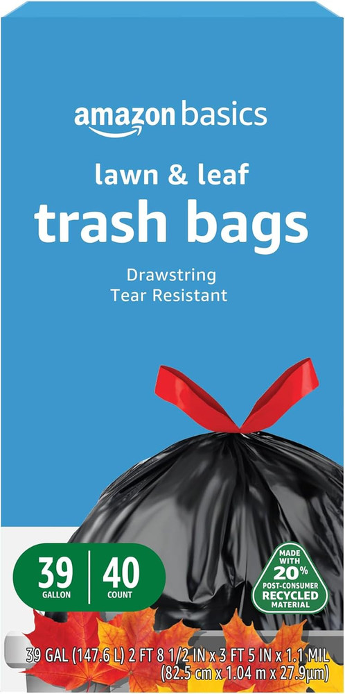 Amazon Basics 39 Gallon Lawn & Leaf Heavy Duty Drawstring Trash Bags, 20% Post C
