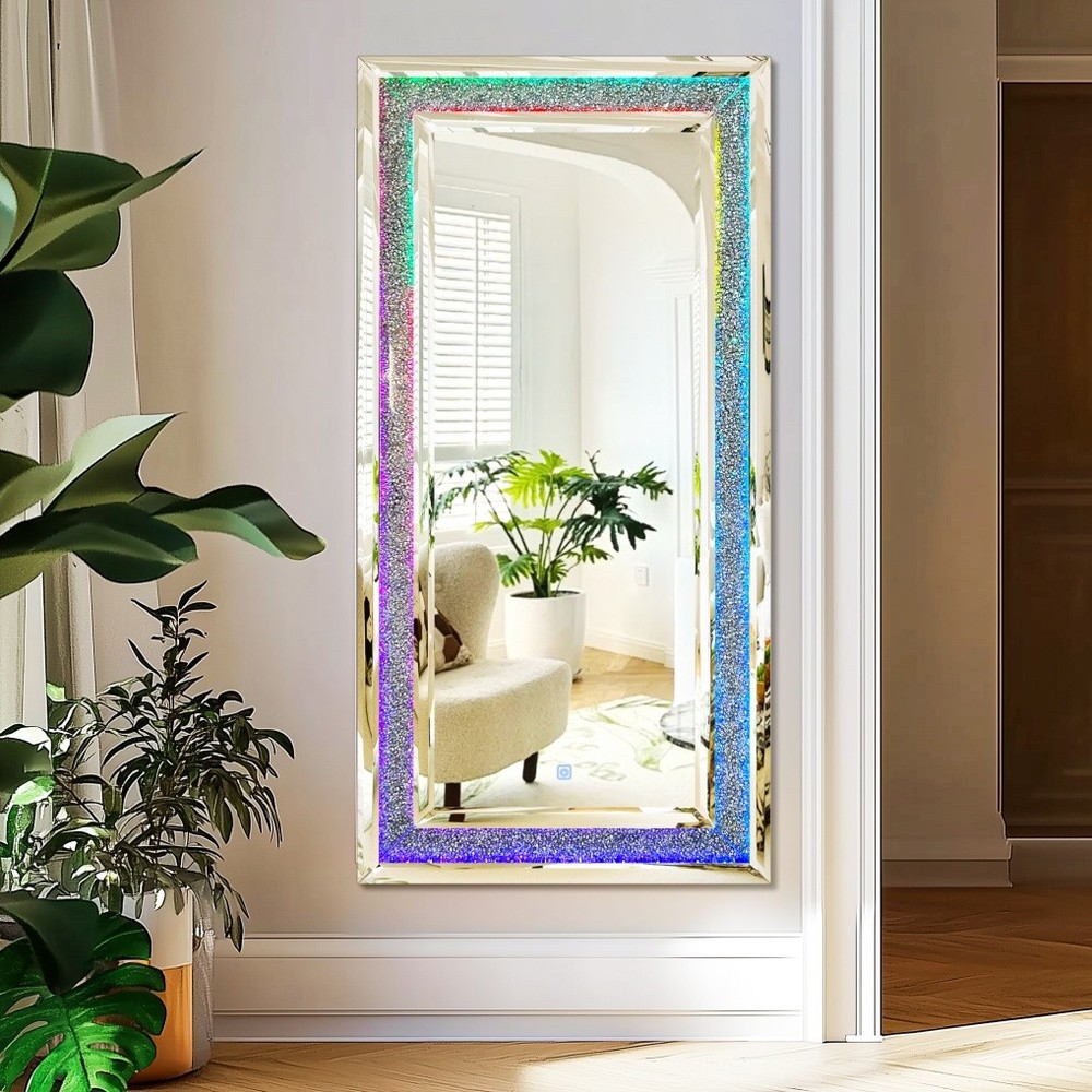 LED Crushed Diamond Mirror 48x24 inch Rectangular Crystal Vanity with RGB Lights