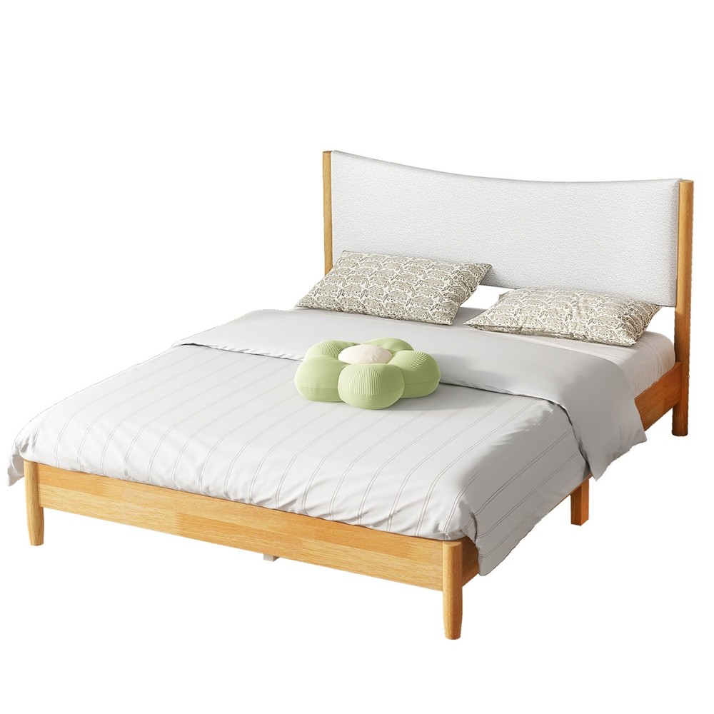 Queen Size Solid Wood Platform Bed Frame w/ Upholstered Headboard Natural