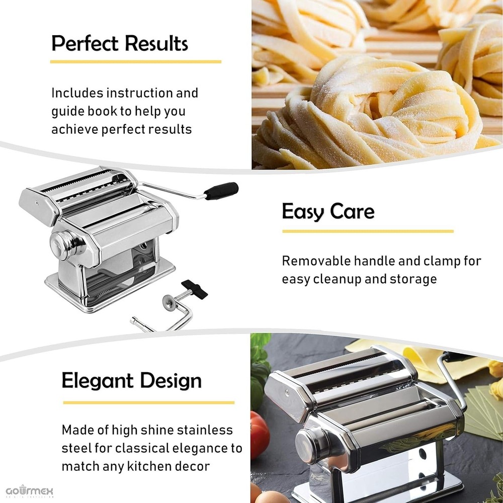 Compact Stainless Steel Pasta Machine with Adjustable Thickness & Double Cutter