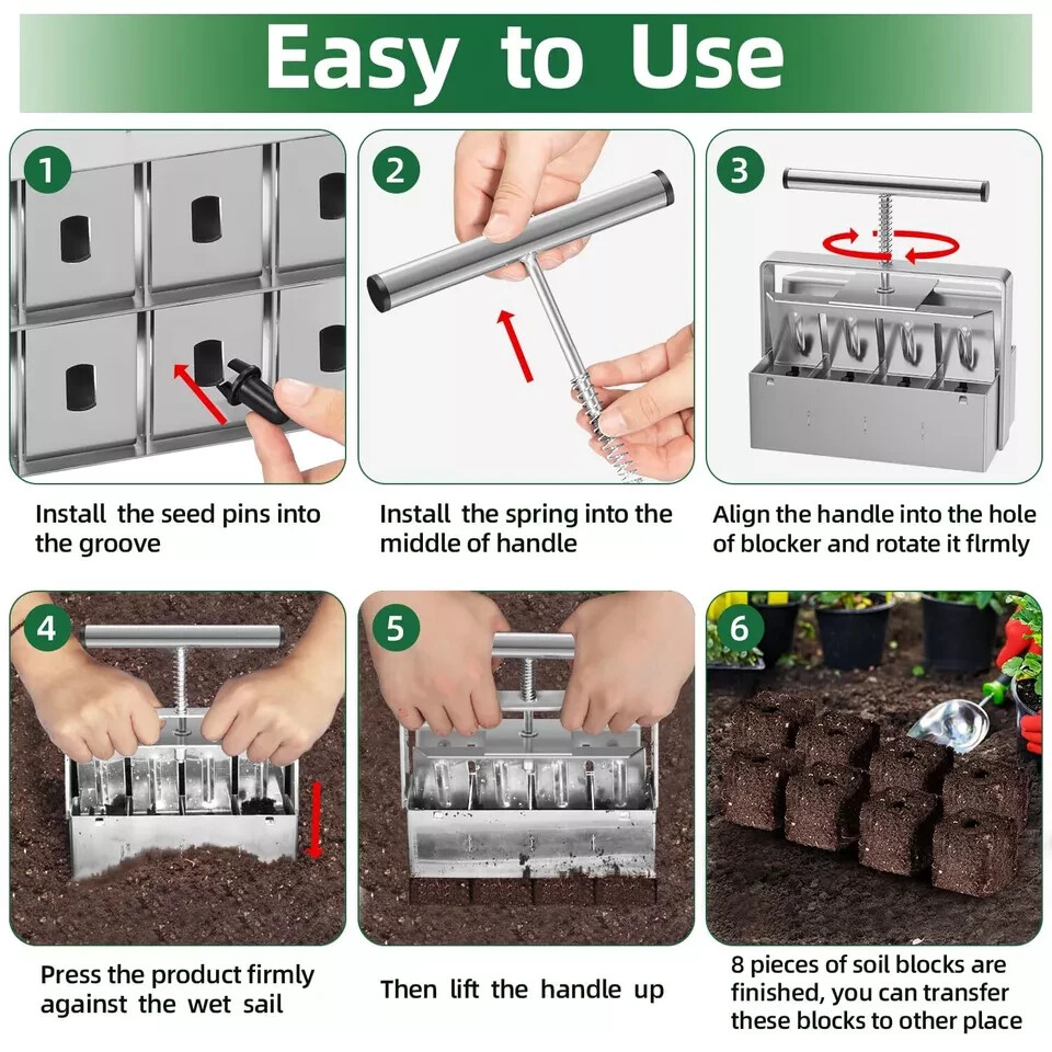 Soil Blocker 2"x8 Cell Soil Block Maker w/Handle & 3 Size Seed Pin Blocking Tool