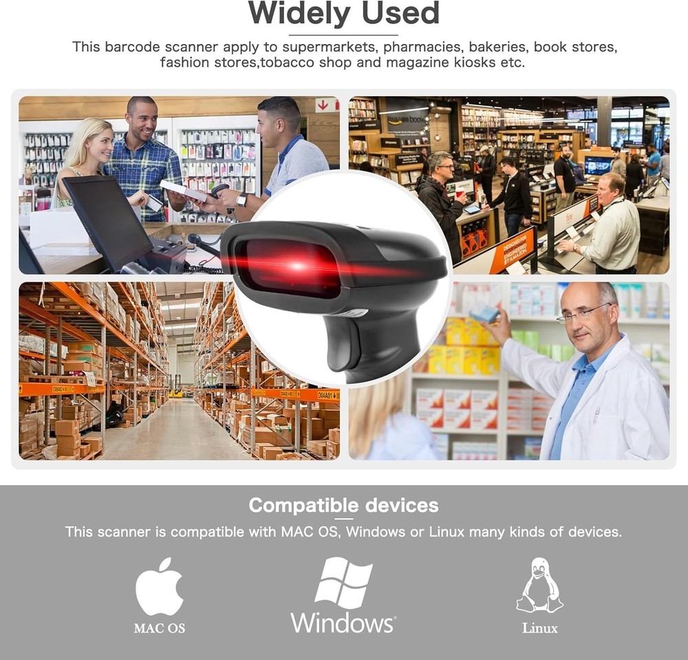 2-in-1 Wireless & USB Barcode Scanner - Rechargeable 1D Laser Reader (NT-1698W)