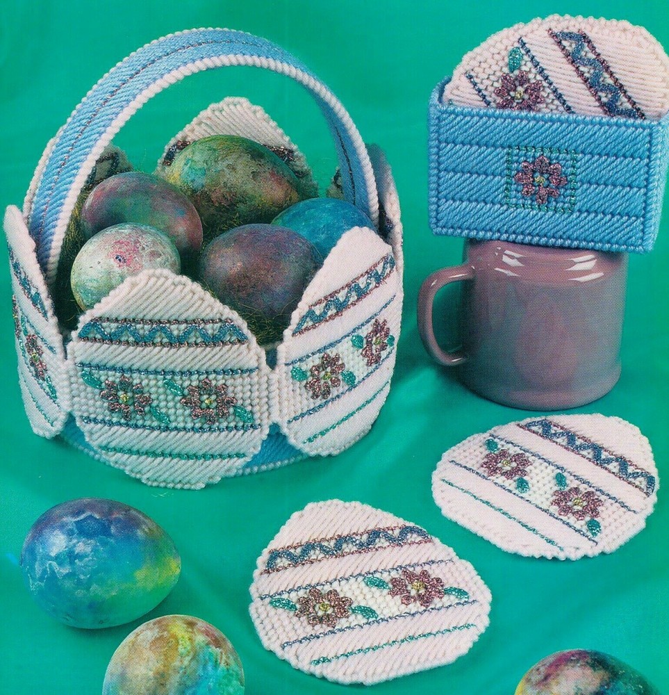 RAZZLE DAZZLE EASTER DECOR BASKET & COASTERS PLASTIC CANVAS PATTERN INSTRUCTIONS
