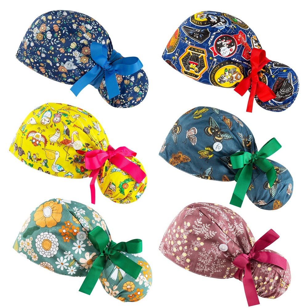 Scrub Caps Women Bouffant Nurses Adjustable Working Cap Ponytail Pouch Tie