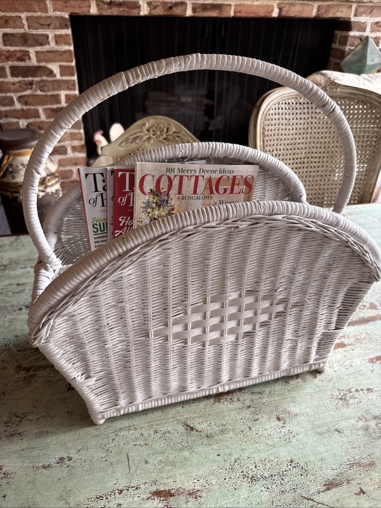 Vintage White Wicker Magazine Rack Storage Stand