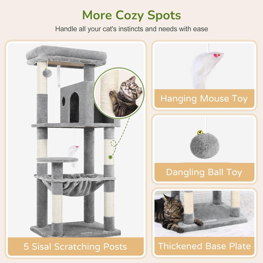 Cat Tree Tower with Scratching Post for Indoor Cats, 53inch Light Gray