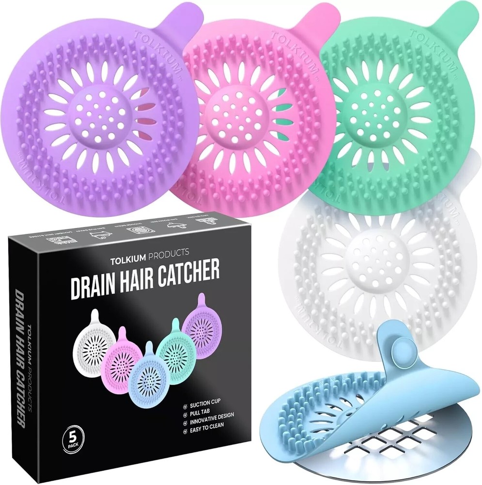 Tolkium Drain Hair Catcher 5pk Pull Tab Suction Cup Easy to Clean