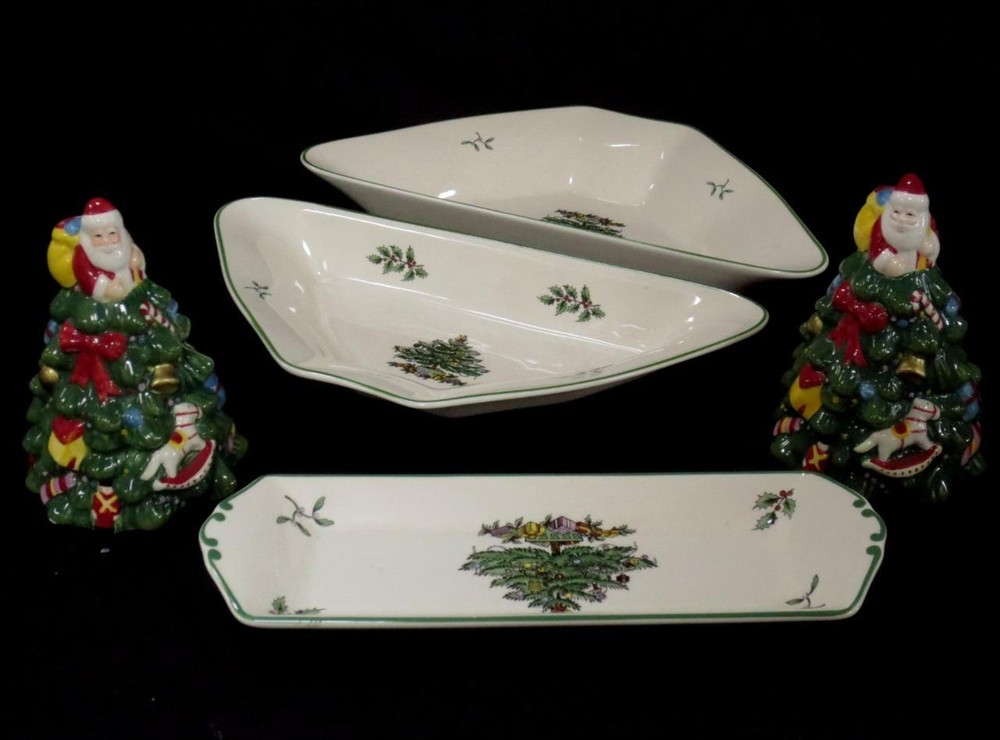 Spode Christmas Tree 5 Pc Lot - Mint Tray, Triangle Bowls, Salt & Pepper Shakers