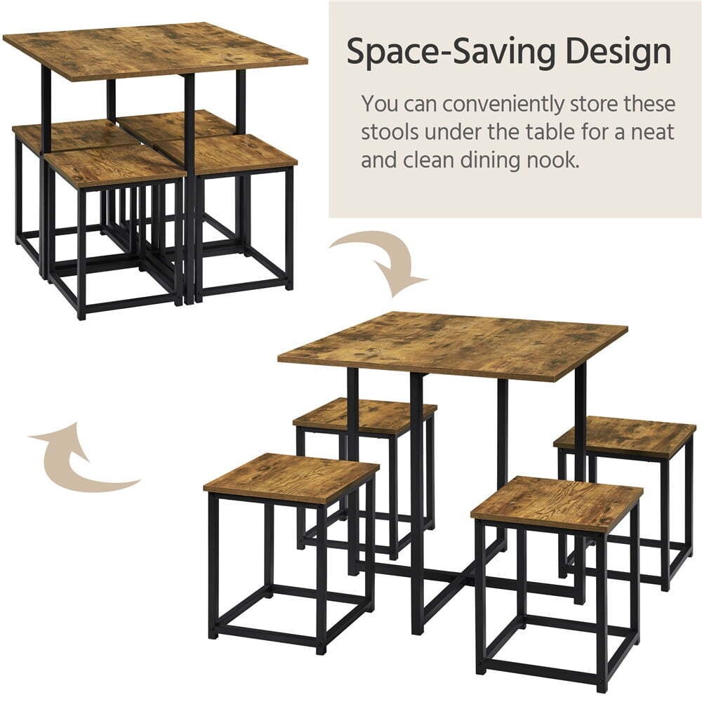 5Pcs Dining Set with Industrial Square Table and 4 Backless Chairs, Rustic Brow