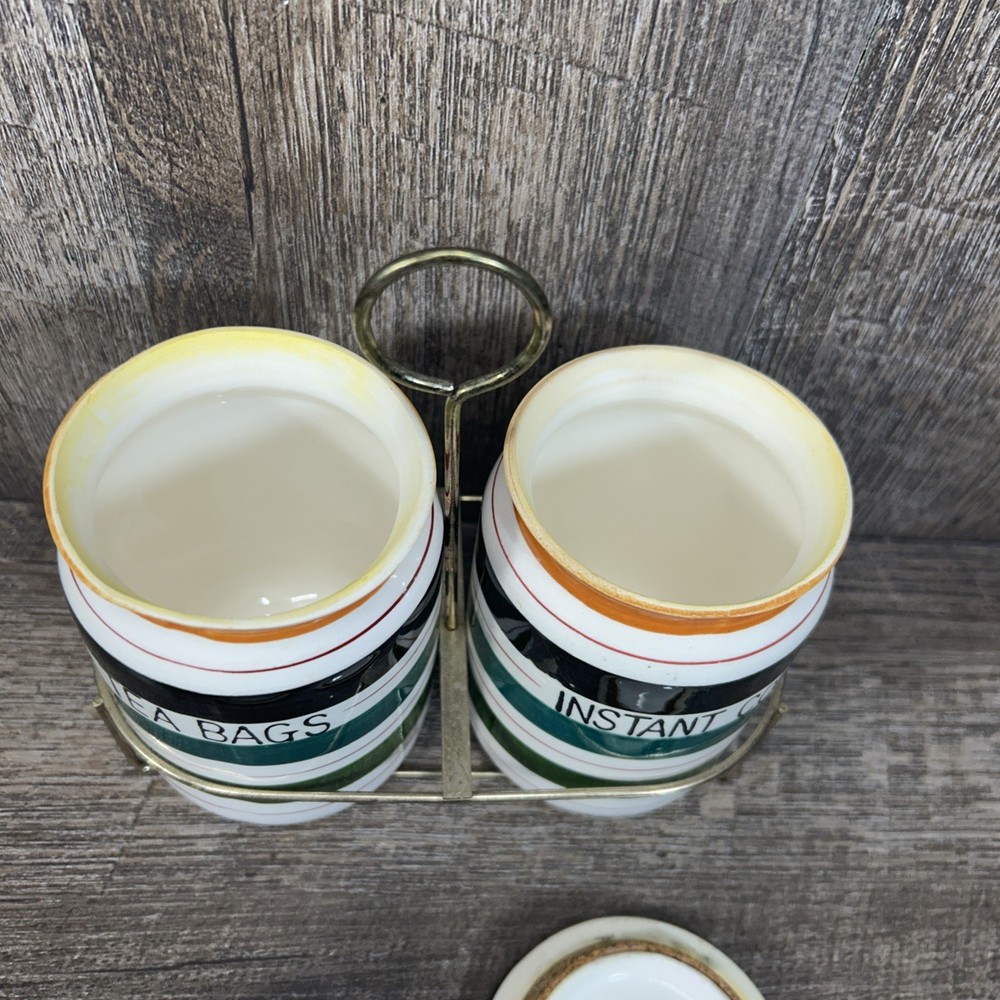 Really Cute Tea And Instant Coffe Ceramic Jars W/ Wire Carrying Cady