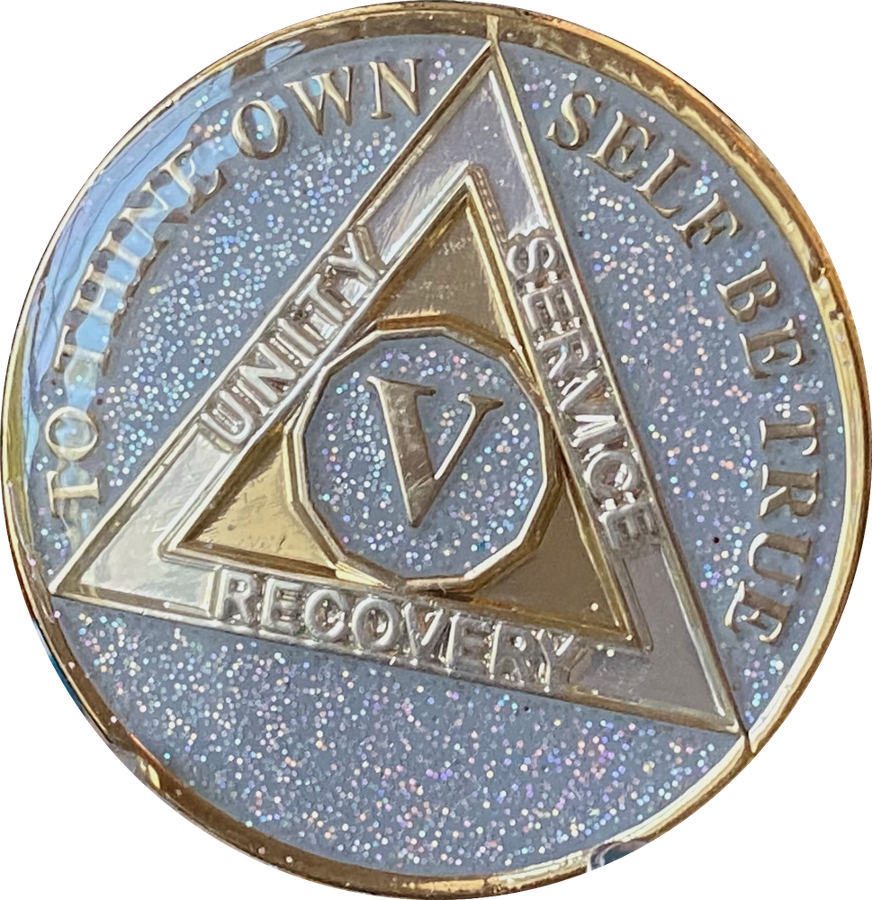 5 Year AA Medallion Opal Silver Glitter Tri-Plate Sobriety Chip