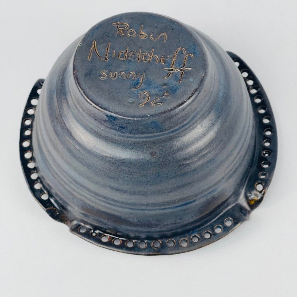 Handmade Unique Pottery Bowl Blue Black 7” Signed