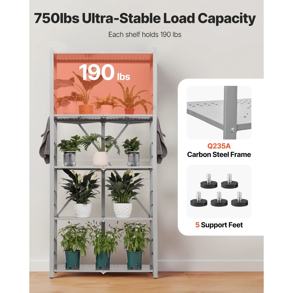 5-Tier Folding Storage Shelf on Wheels No Assembly Grey Organizer