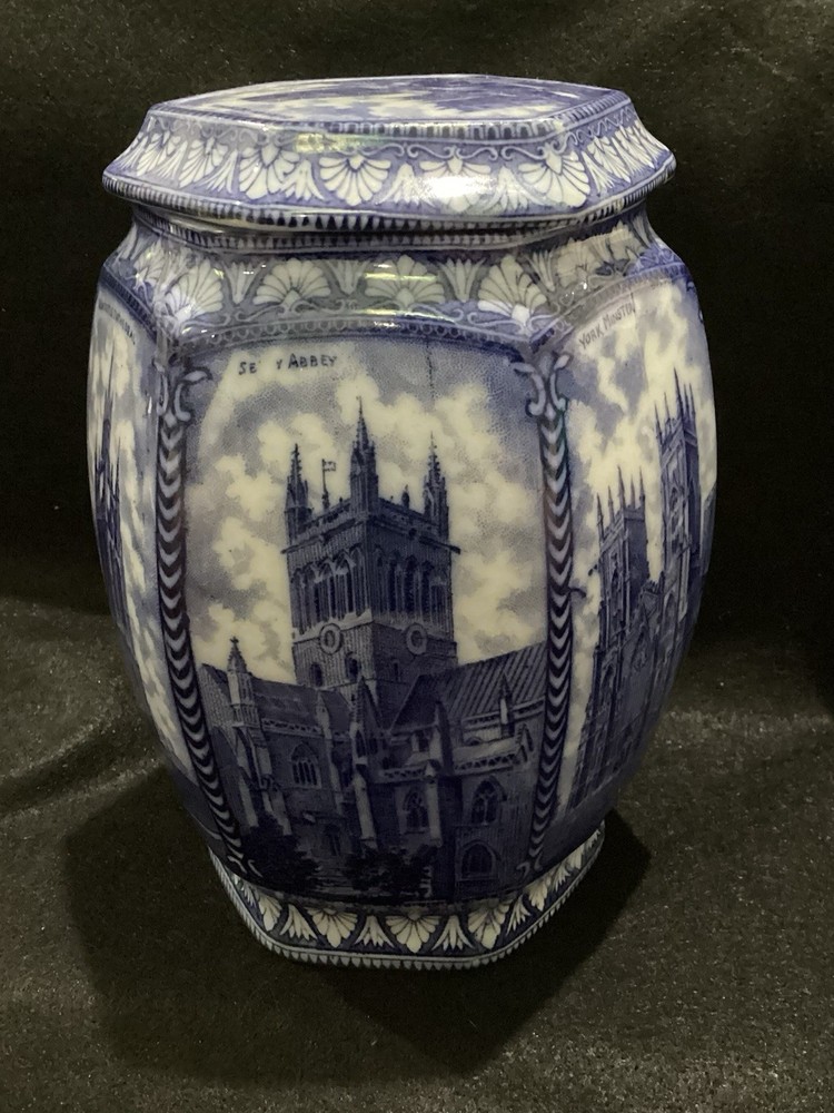 Rington's Maling Ware Tea Caddy England - Cathedrals 1929 Blue Transfer Ware @FS