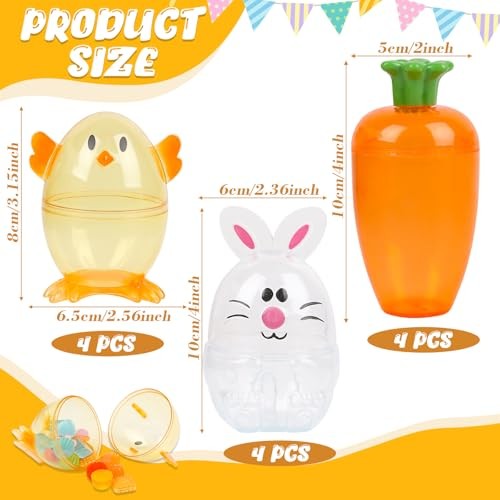 FOIMAS 12pcs Fillable Easter Egg Containers Carrots Bunnies Chicks Shaped