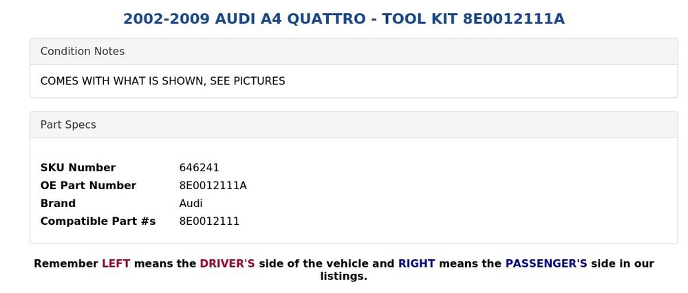 2002-2009 AUDI A4 QUATTRO - TOOL KIT 8E0012111A