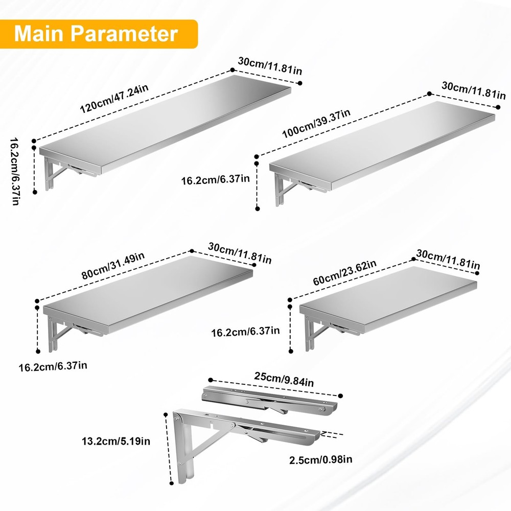 Folding Wall Shelf 31.5" x 12", Stainless Steel Wall Mounted Folding Table, 1...