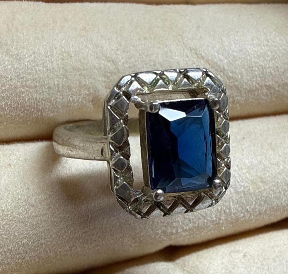 Sterling Silver Ring with Cushion Cut Rectangular Blue Sapphire