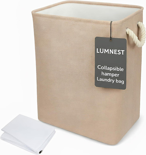 Collapsible & Stackable large Laundry Hamper with Drawstring - Large, Beige