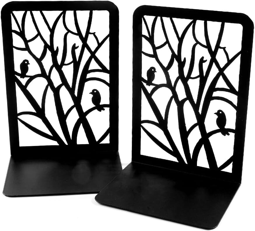 Black Bird on Tree Bookends - Classic Tree Shadow Book Ends for Shelves, Heavy D