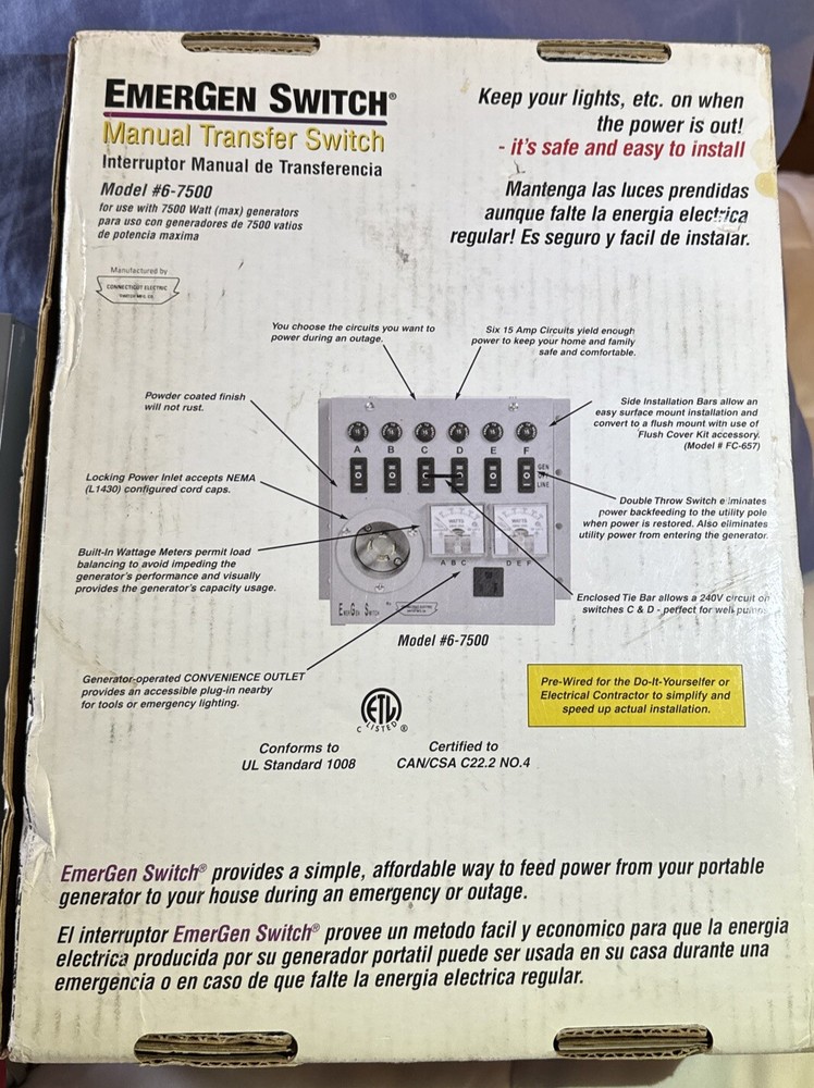 EmerGen Switch Manual Transfer Switch NOS #6-7500