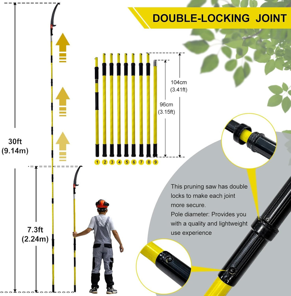 30 FT Manual Pole Saw for Tree Trimming, Extendable Pruning Saw with Sharp Steel