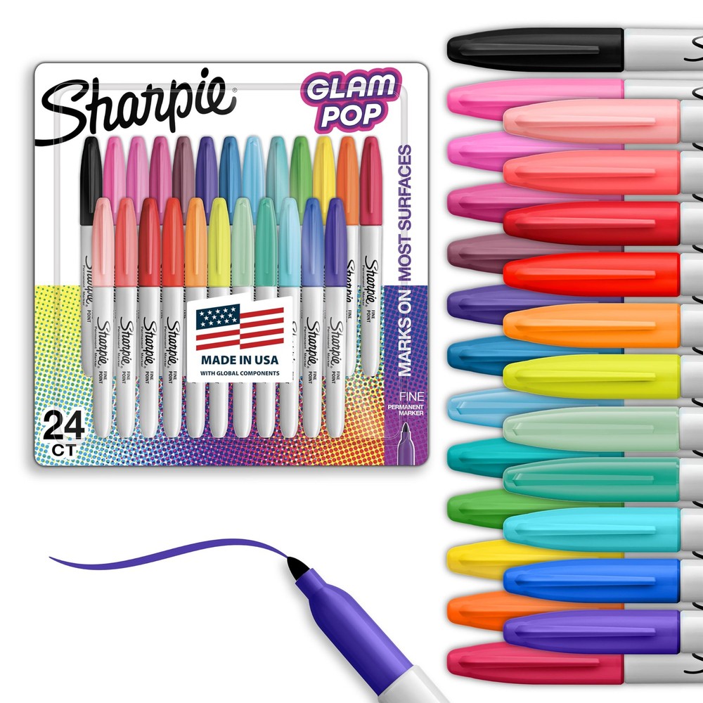 Sharpie Glam Pop Permanent Markers 24 Assorted Colors Fine Tip Quick Dry