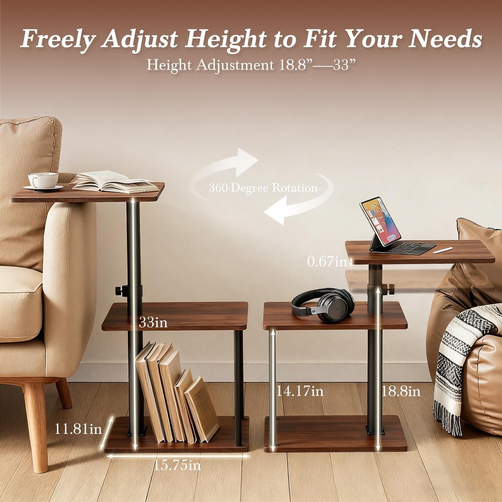 Faesun 360° Swivel C Shaped End Table Adjustable Height 18-33" Storage Shelf