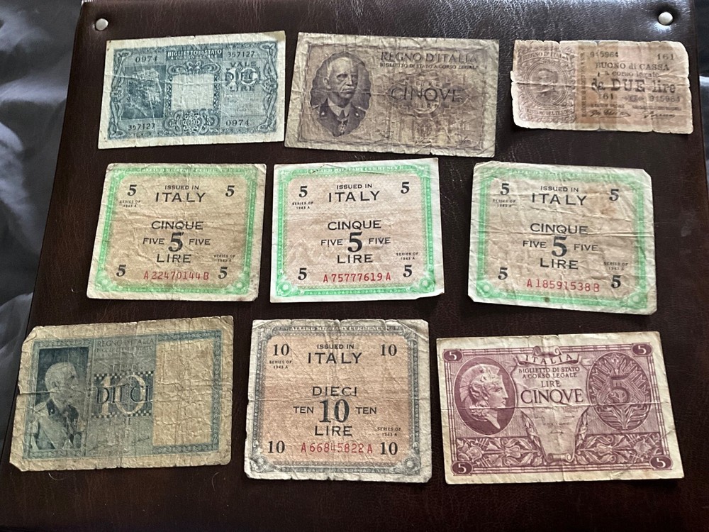 9 vintage Italy Lire banknotes