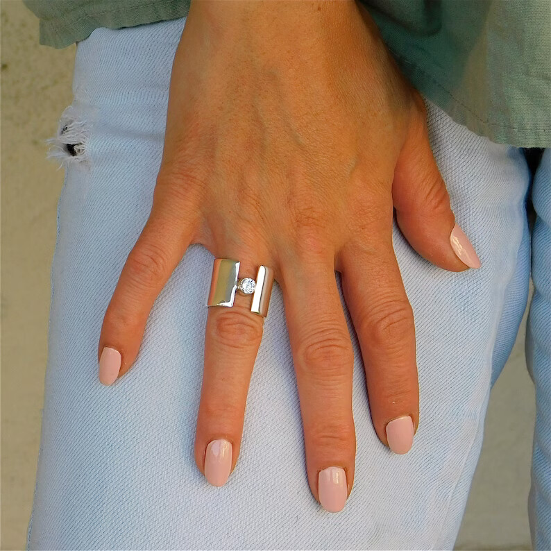 Crystal Solid 925 Sterling Silver Band& Statement Ring Handmade Ring All size