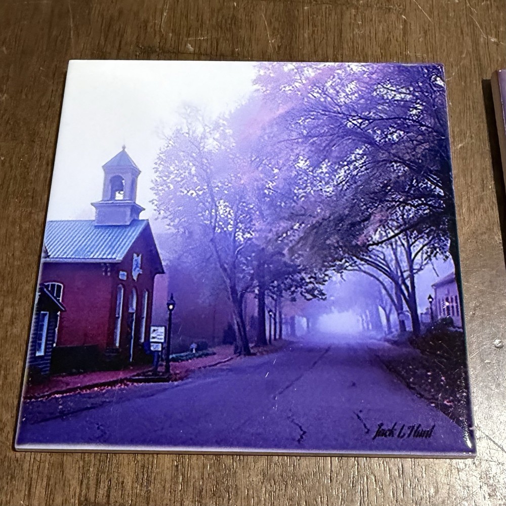 4 Vtg Foothills Studio Jack L Hunt Signed Ceramic Coasters Scenic Cork Back EUC