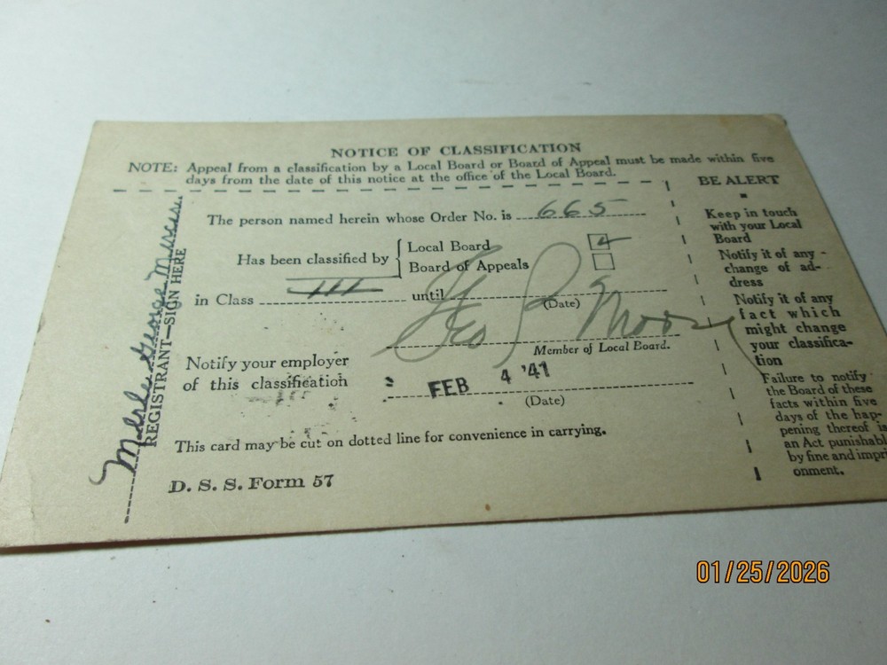 NOTICE OF CLASSIFICATION "SELECTIVE SERVICE" CARD. 1941