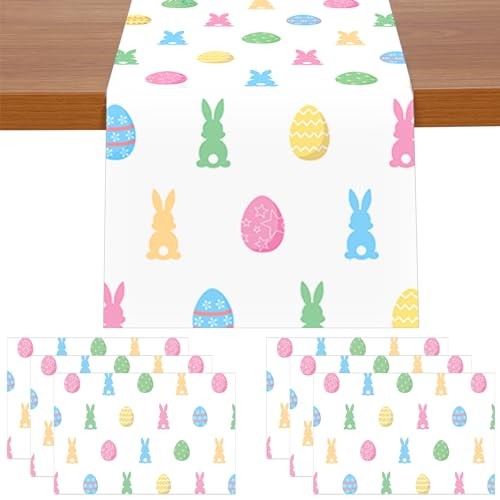 Mindsoft 7 Pcs Easter Buffalo Bunny Rabbit Table Runner and Placemat Bunny Egg